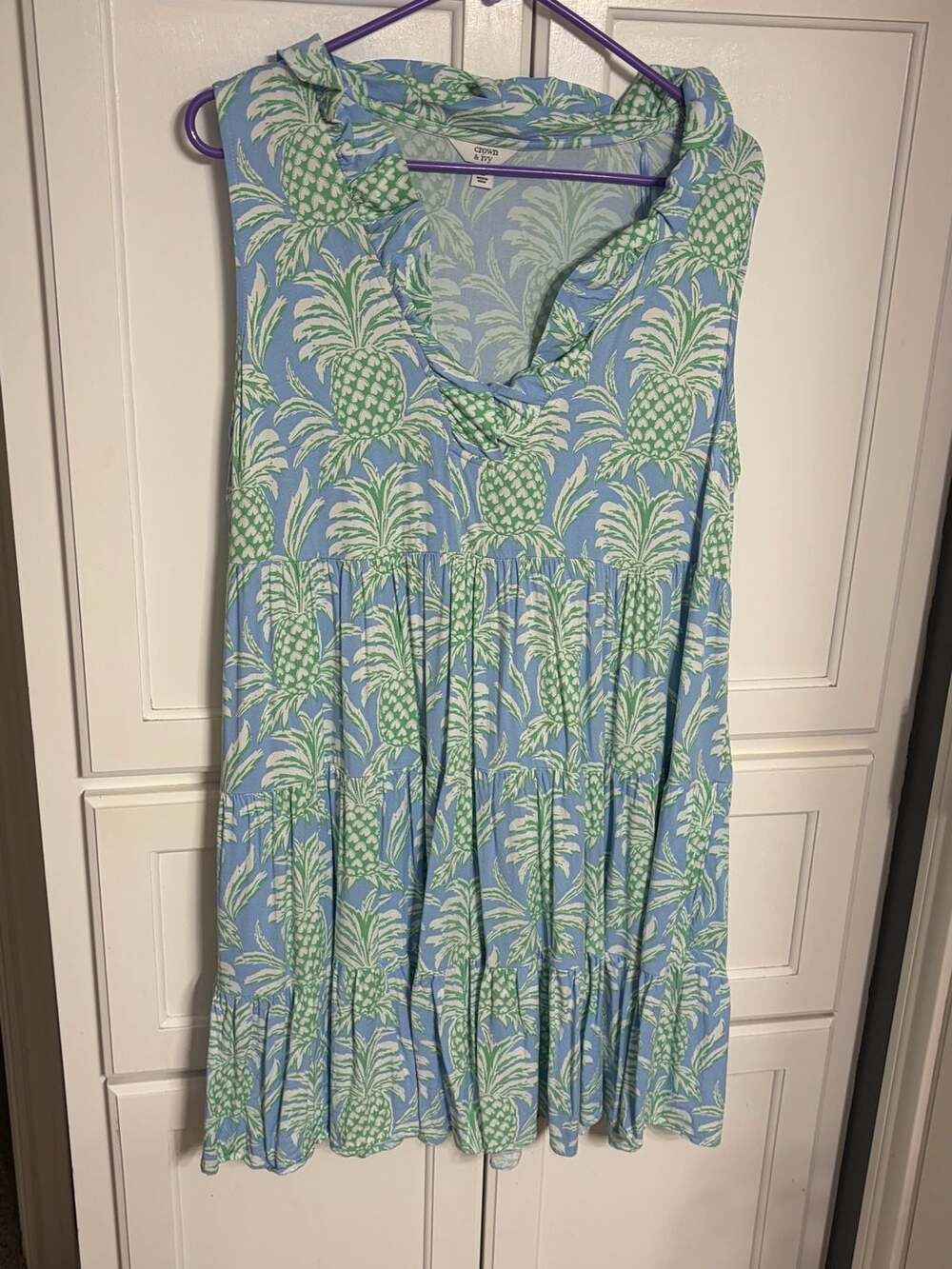 Crown & Ivy Pineapple Print Tiered Ruffle Collar Sleeveless Dress Size L